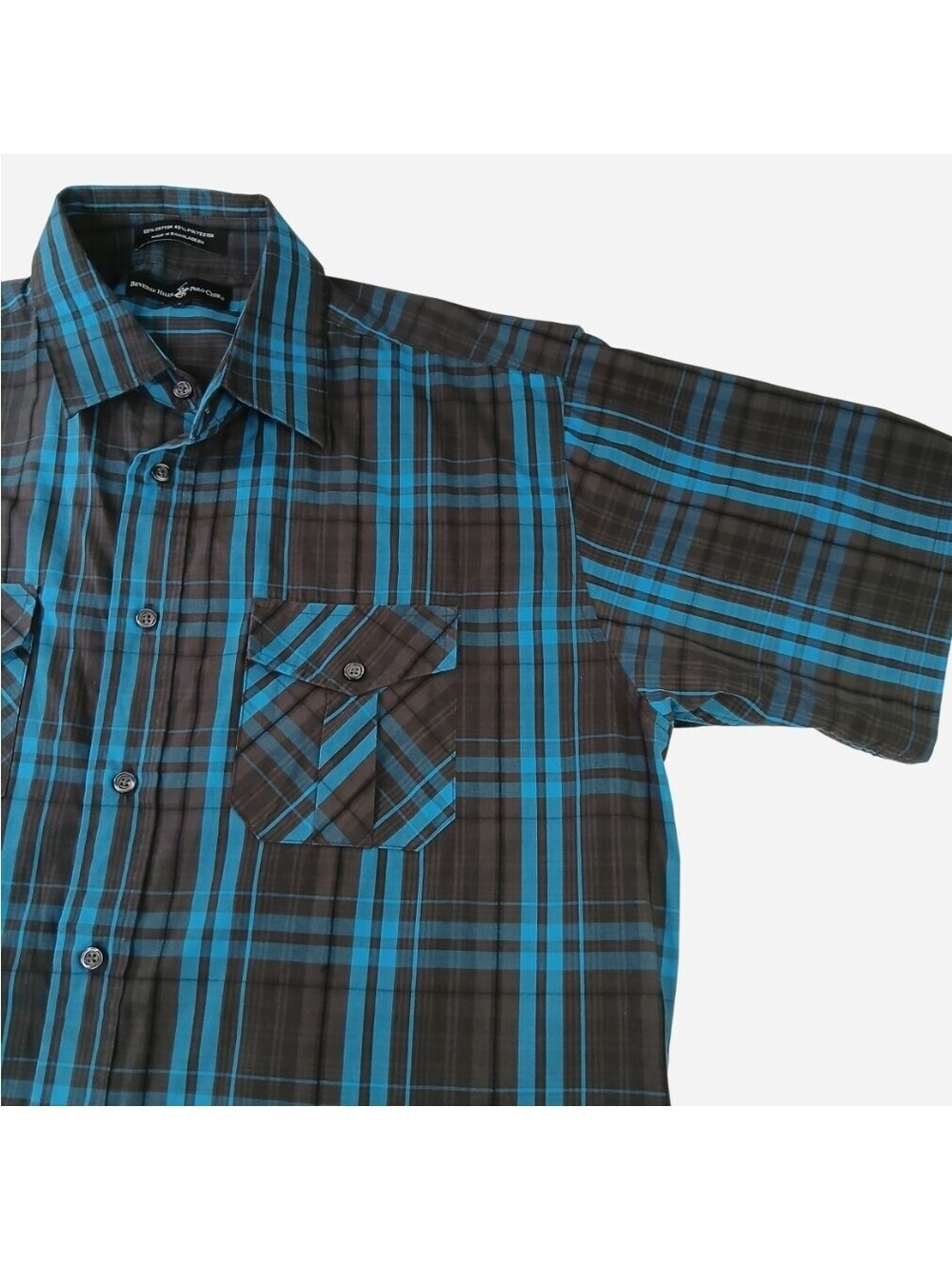 Beverly Hills Polo Club Shirt Mens XL Blue Gray Plaid Button Up Short Sleeve